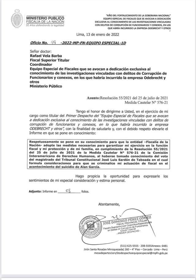 Oficio enviado por Domingo Pérez Rafael Vela. Foto: Captura de documento.