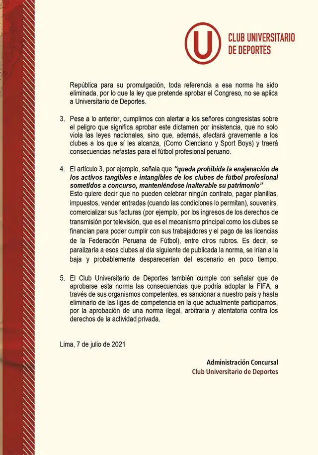 Comunicado de la Administración de Universitario de Deportes sobre el proyecto de ley N° 6863.