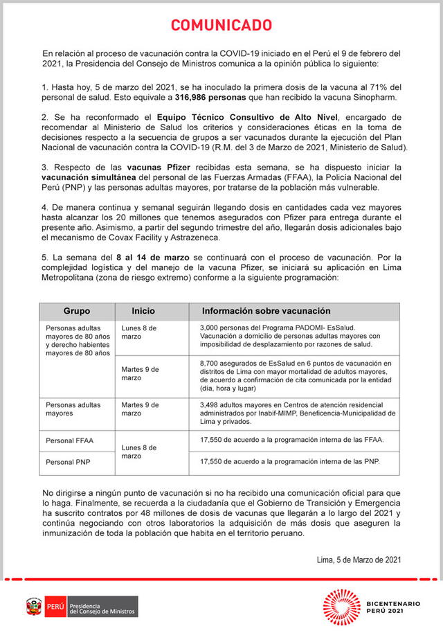 Comunicado de la PCM sobre la vacunación de adultos mayores. Foto: pcmperu/Twitter