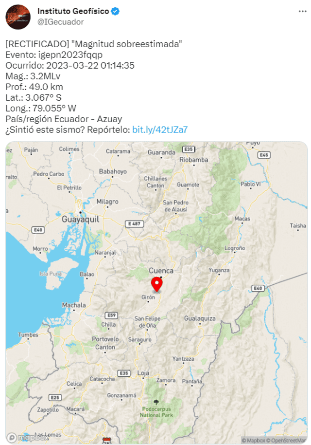  Último sismo registrado en Ecuador hoy, 22 de marzo. Foto: IGecuador/ Twitter    