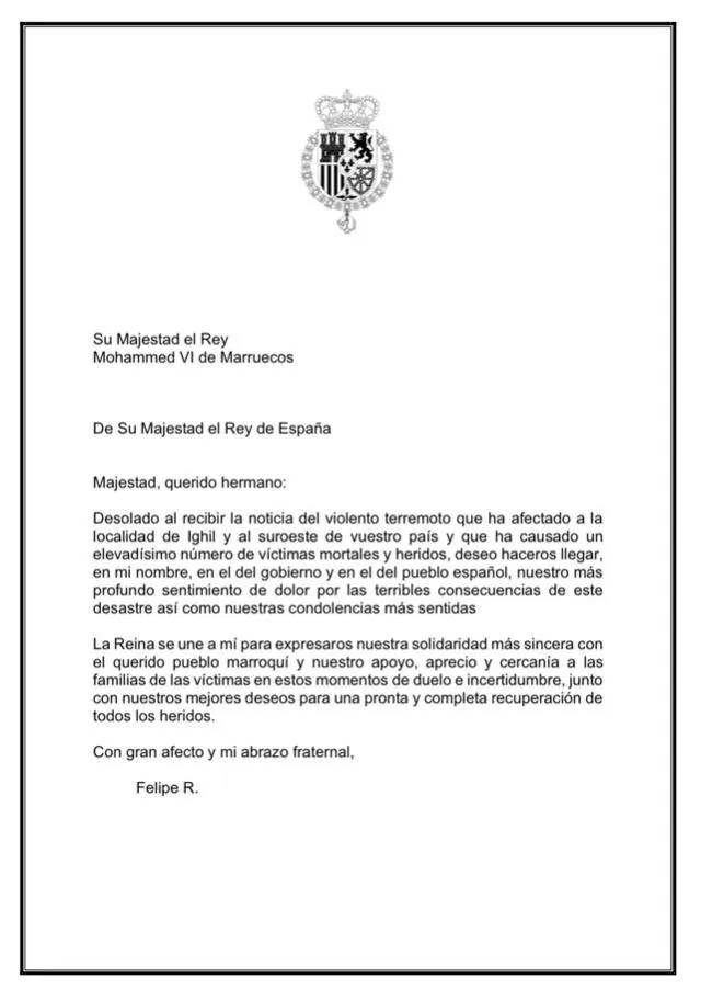 Mensaje de Su Majestad el Rey Felipe R. a Su Majestad el Rey de Marruecos, Mohammed VI. Foto: @CasaReal   