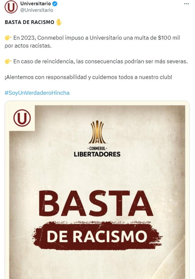 En los últimos días, el club crema emprendió una campaña contra el racismo. Foto: captura de Universitario/X   