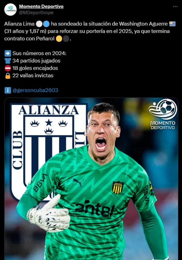 Washington Aguerre es opción en Alianza Lima. Foto: X/Momento Deportivo.   