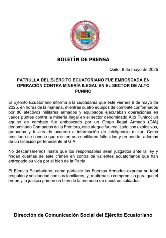  El Ejército de Ecuador emitió un comunicado revelando la emboscada sufrida en Alto Punino. Foto: Ejército de Ecuador. 