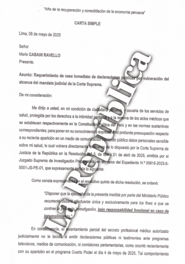 Carta enviada por Dina Boluarte a Mario Cabani. Carta enviada por Dina Boluarte a Mario Cabani.