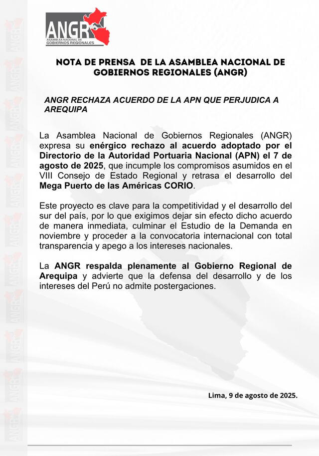 Comunicado de la Asamblea Nacional de Gobiernos Regionales sobre viabilidad de Corío   