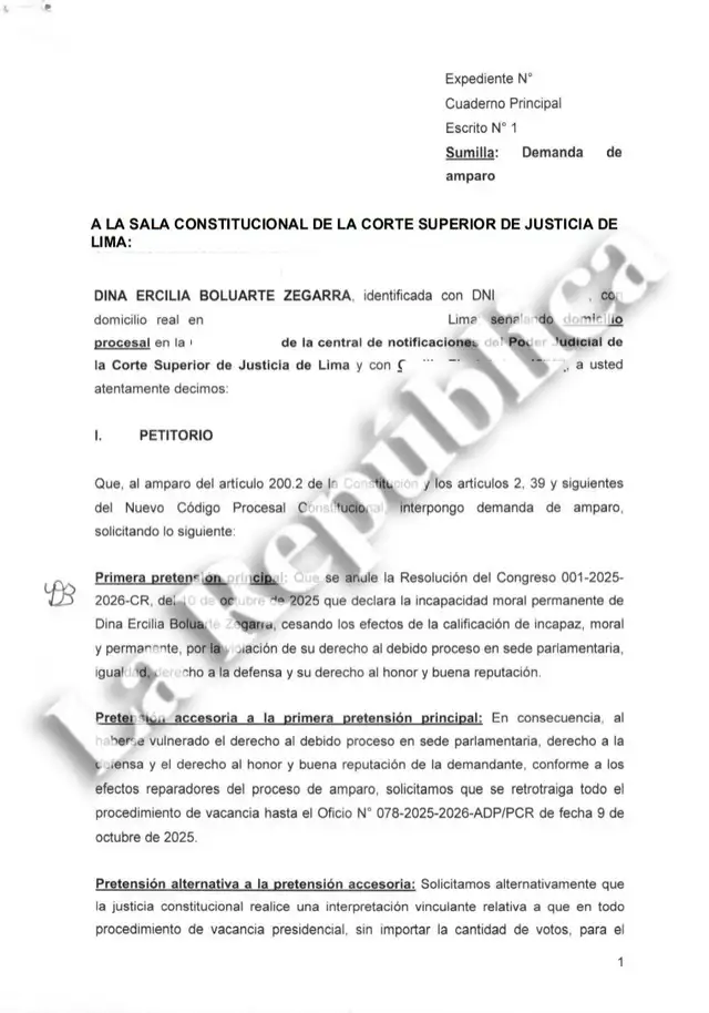 Defensa de Boluarte argumenta que el Congreso vulneró su derecho al debido proceso