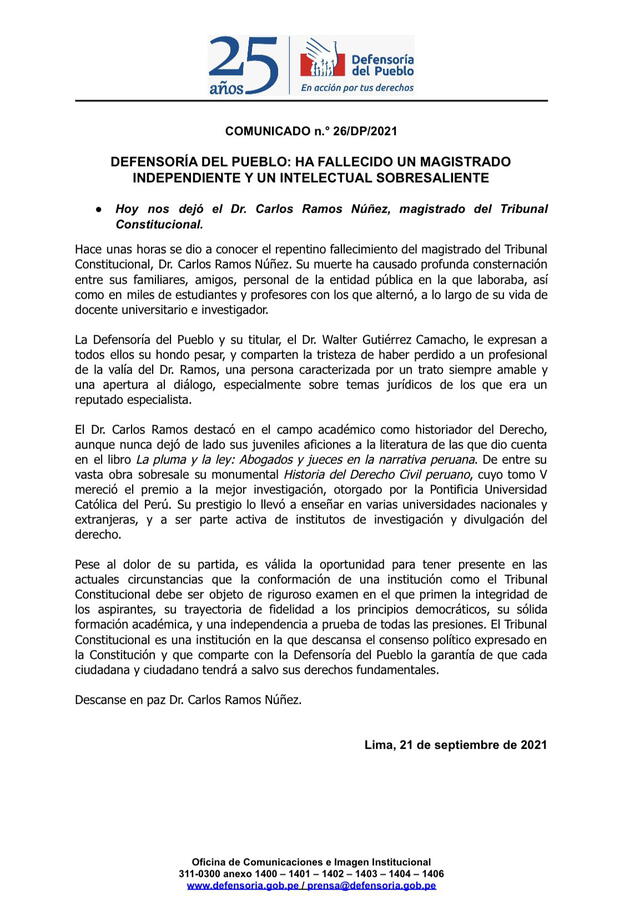 Comunicado de la Defensoría del Pueblo.