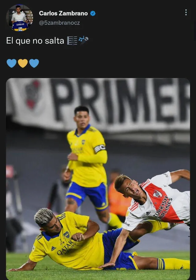 Tuit de Carlos Zambrano celebrando el triunfo de Boca Juniors. Foto: Captura Twitter
