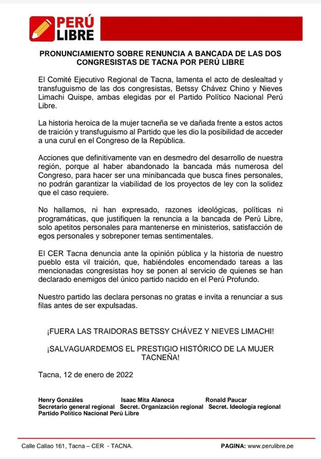 Comité de Perú Libre en Tacna declara personas no gratas a Betssy Chávez y Nieves Limachi