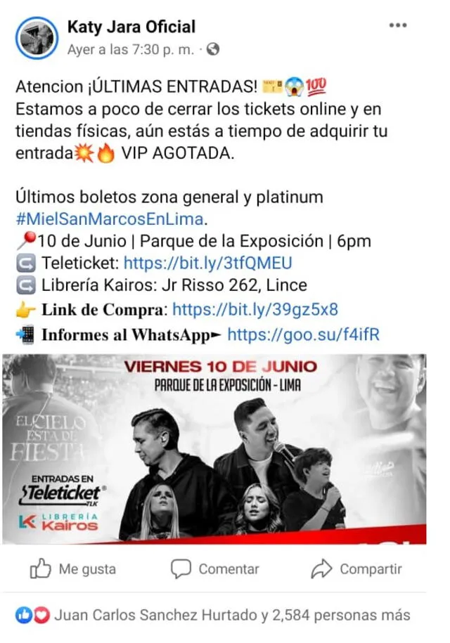 14.5.2022 | Publicación de Katy Jara promocionando el concierto de Miel San Marcos. Foto: captura Facebook
