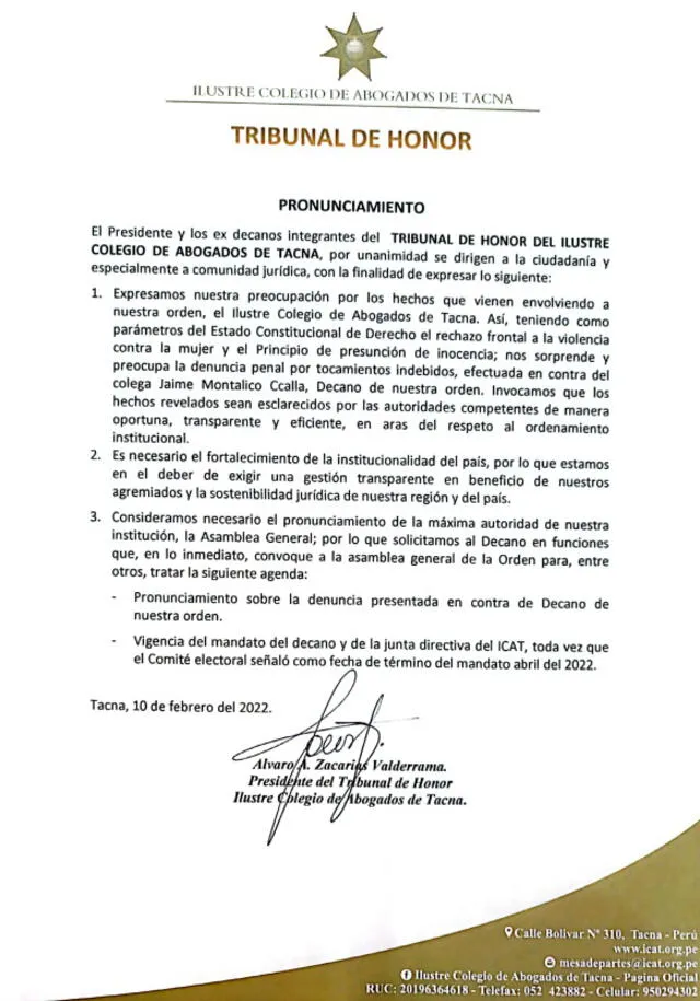 Pronunciamiento Tribunal de Honor del Colegio de Abogados de Tacna. Foto: difusión