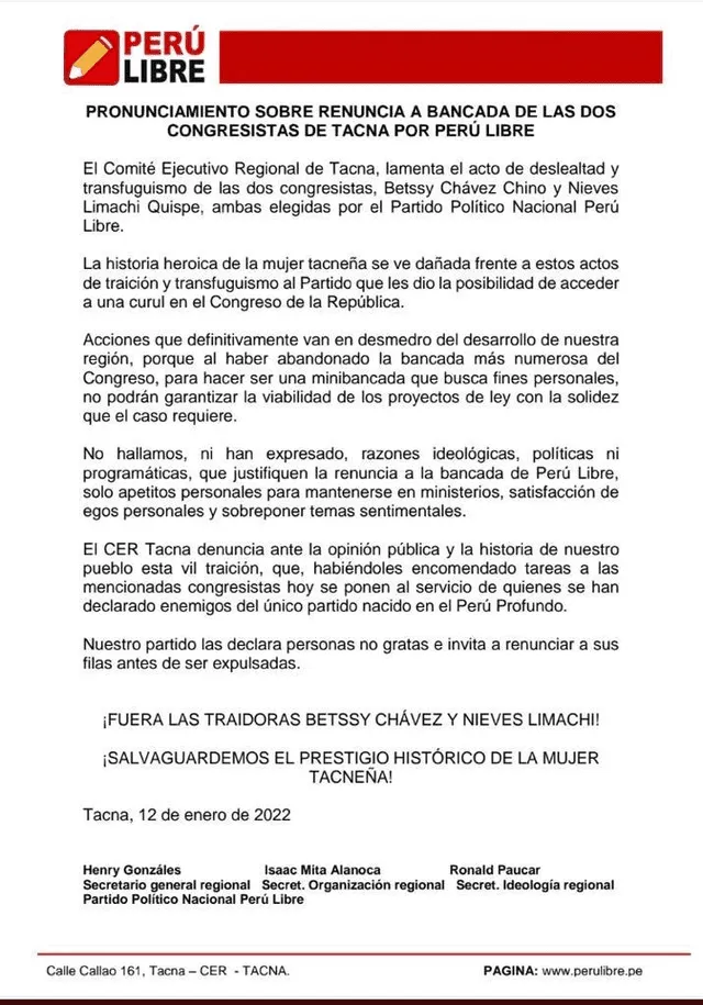 Comunicado de Perú Libre. Foto: Perú Libre