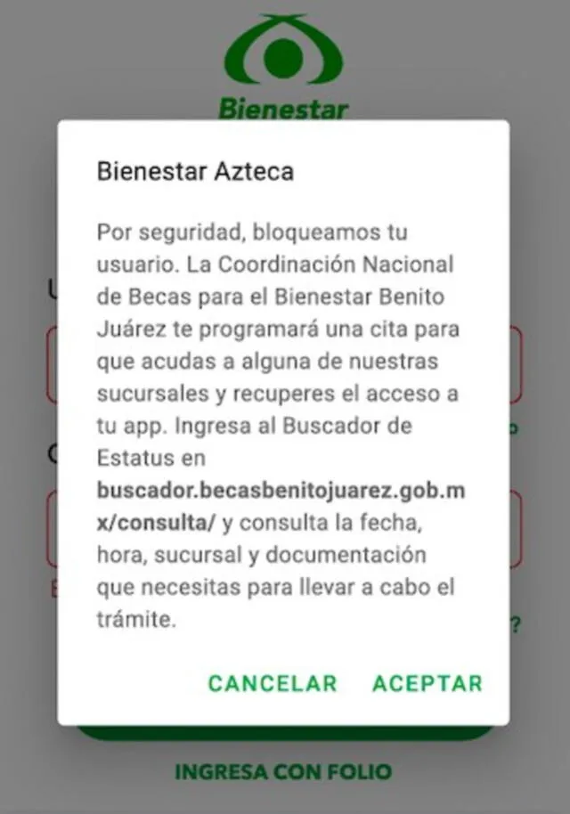 Mensaje que aparece cuando la aplicación 'Bienestar Azteca' es bloqueada por seguridad. Foto: captura Gobierno de México   