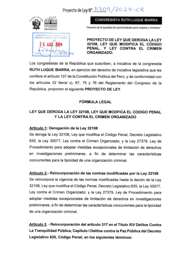  Documento del proyecto de ley que deroga la ley 32108 recibido el 26 de agosto del 2024. Foto: Congreso.   