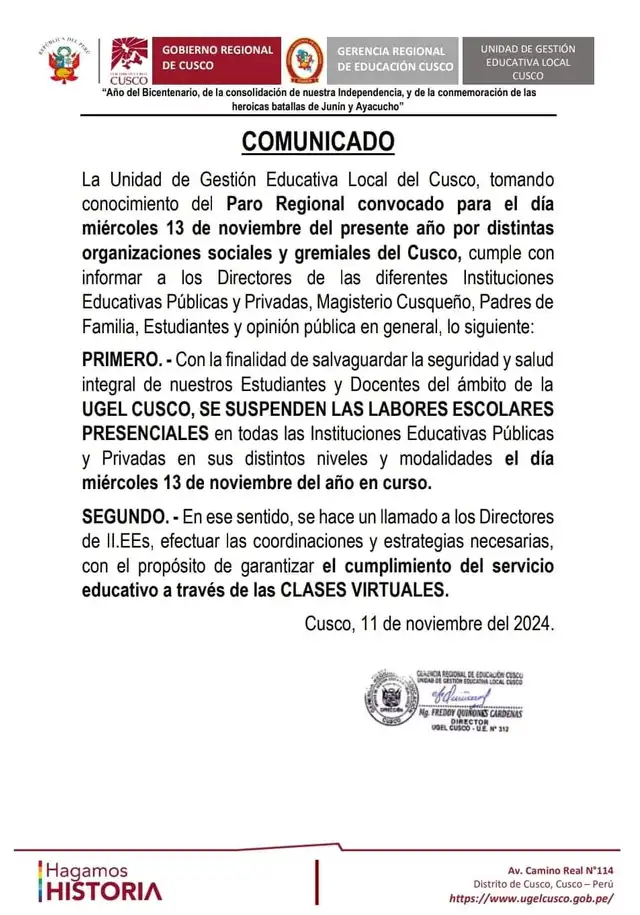  Comunicado de la Gerencia Regional de Educación en Cusco    