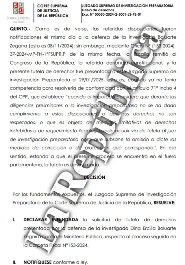 Fiscalía declaró infundada la tutela de derechos presentada por Dina Boluarte. Fiscalía declaró infundada la tutela de derechos presentada por Dina Boluarte.