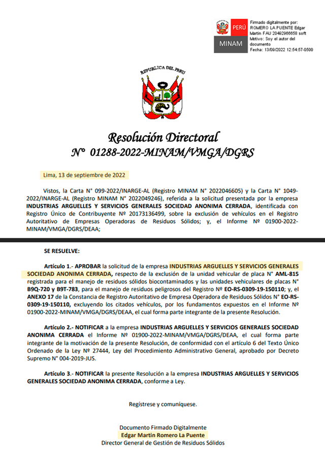 Industrias Arguelles | Edgar Romero La Puente | Karen Pasco Flores | Minam | Ministerio del Ambiente
