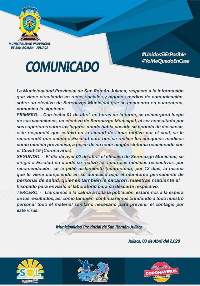 Comunicado de Municipalidad Provincial de San Román-Juliaca.