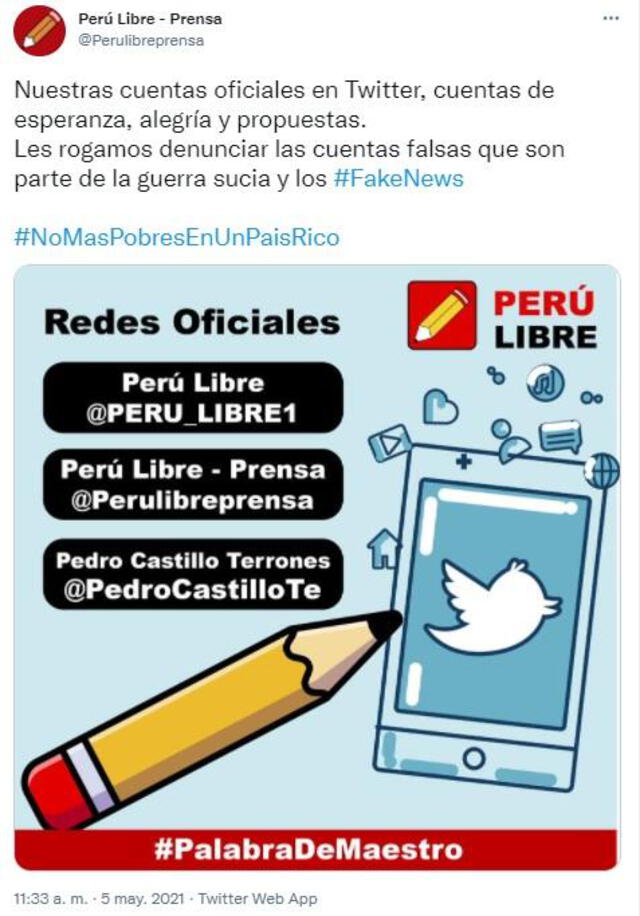 Tuit de la cuenta oficial. Fuente: @Perulibreprensa - Twitter