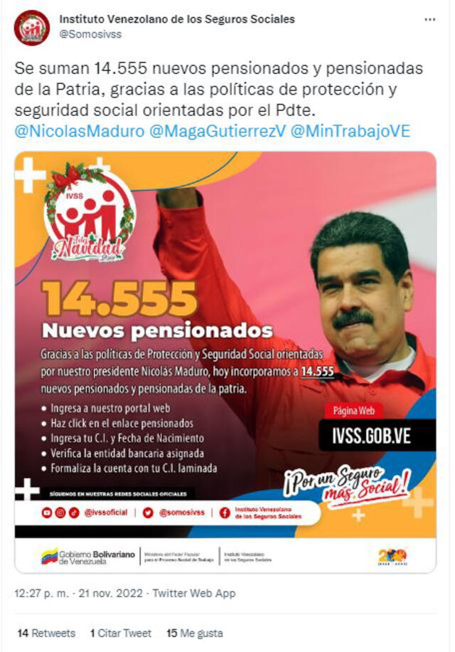 Gobierno de Nicolás Maduro anuncia la incorporación de más de 14.000 pensionados al Seguro Social (IVSS). Foto: captura Twitter/Somos IVSS