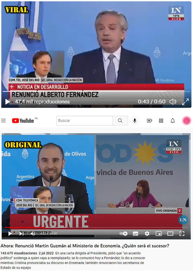 Fragmentos de la intervención de José del Río. Foto: composición / captura en Twitter y captura en Youtube-La Nación.