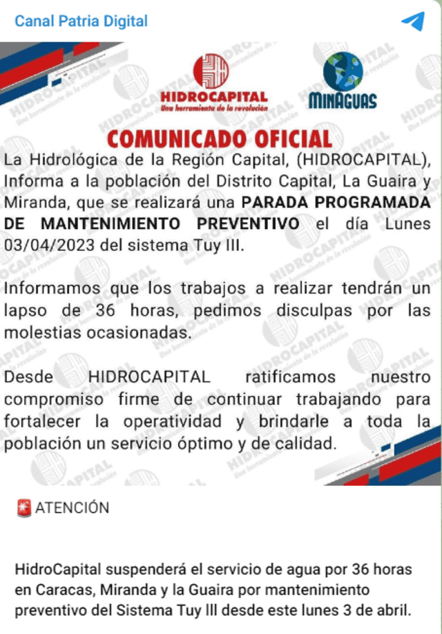  Comunicado oficial de Hidrocapital: Foto: captura de Canal Patria Digital/ Telegram   
