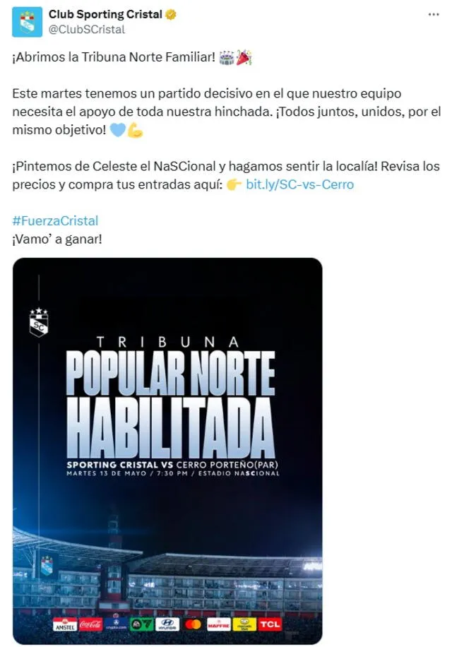 La tribuna norte no estuvo disponible en los dos primeros partidos de Copa. Foto: captura de Sporting Cristal/X La tribuna norte no estuvo disponible en los dos primeros partidos de Copa. Foto: captura de Sporting Cristal/X