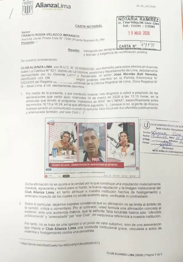 Carta notarial de Alianza Lima a Franco Velazco. Foto: X   