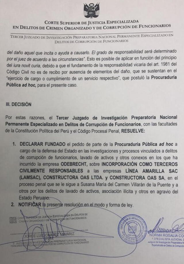 Juez Chávez Tamariz aceptó incluir a OAS (Perú y Brasil) y a Lamsac en el caso contra Susana Villarán. Foto: Difusión.