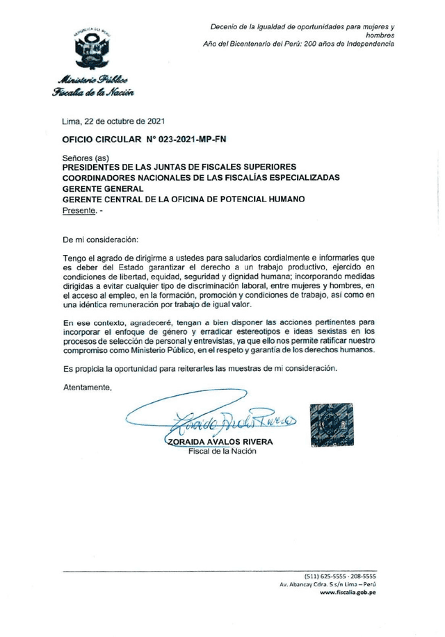 Oficio firmado por Zoraida Ávalos. Foto: Ministerio Público