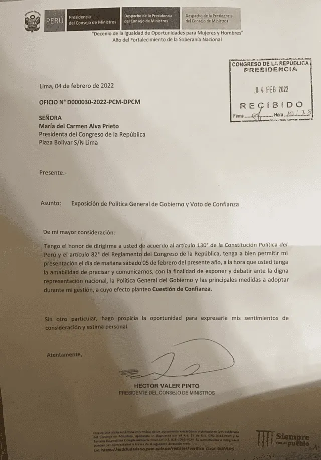 Oficio que envío Héctor Valer a María del Carmen Alva. Foto: difusión