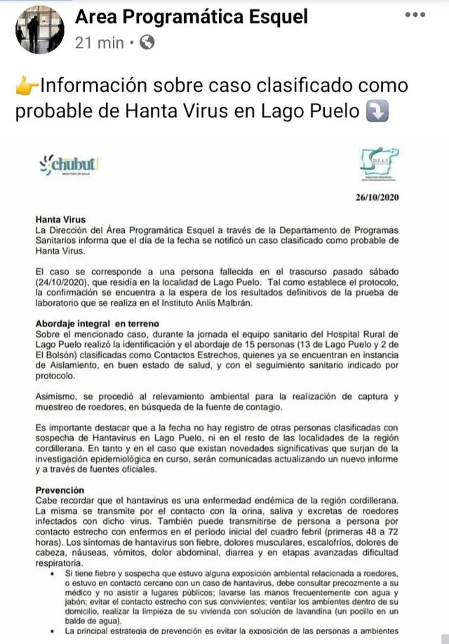 Comunicado oficial sobre el hantavirus en Argentina. Foto: difusión