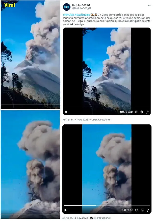  Comparación de imágenes: se evidencia que se trata de la misma escena. Según Noticias 502 GT, se trata del volcán del Fuego, de Guatemala. Foto: capturas/Facebook/Twitter de Noticias 502 GT   