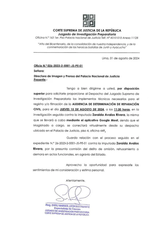 Documento solicitando implementos para la grabación de la audiencia.   