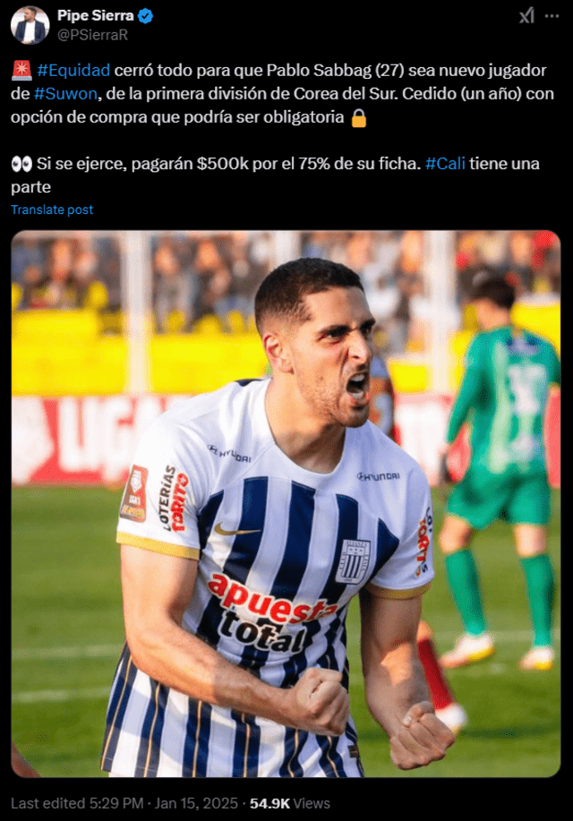  Pablo Sabbag jugará en la primera división de Corea del Sur tras su paso en Alianza Lima en 2023 y 2024. Foto: captura    