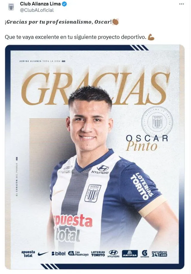  Alianza Lima anunció la desvinculación de Óscar Pinto. Foto: Alianza Lima   