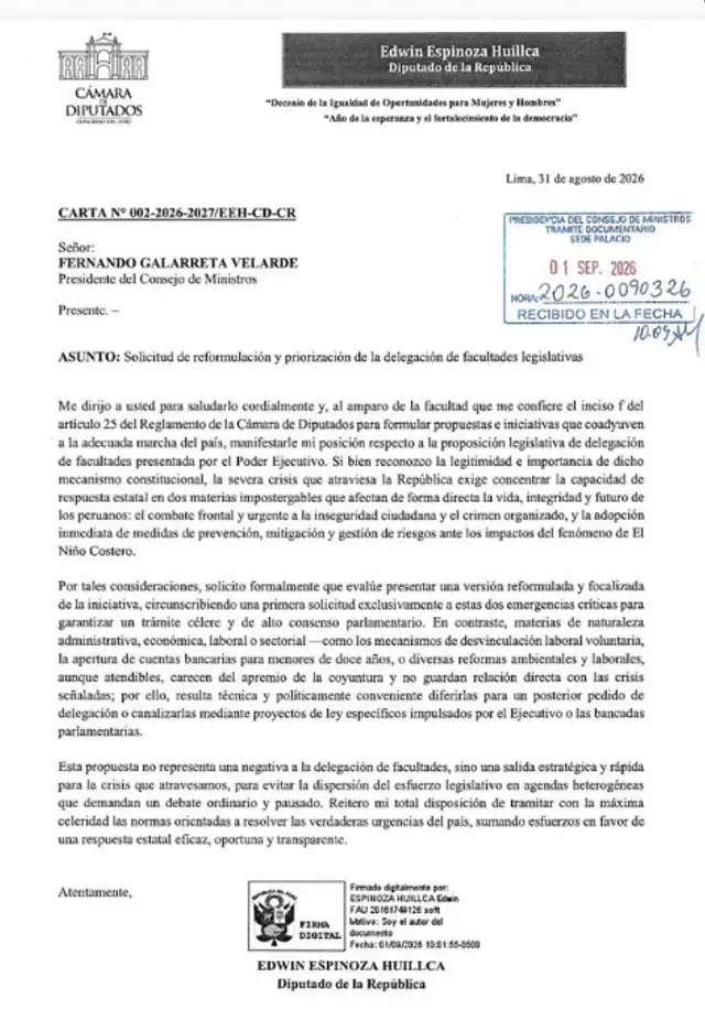 Espinoza precisó que su planteamiento no supone una negativa a otorgar facultades al Ejecutivo. Espinoza precisó que su planteamiento no supone una negativa a otorgar facultades al Ejecutivo.