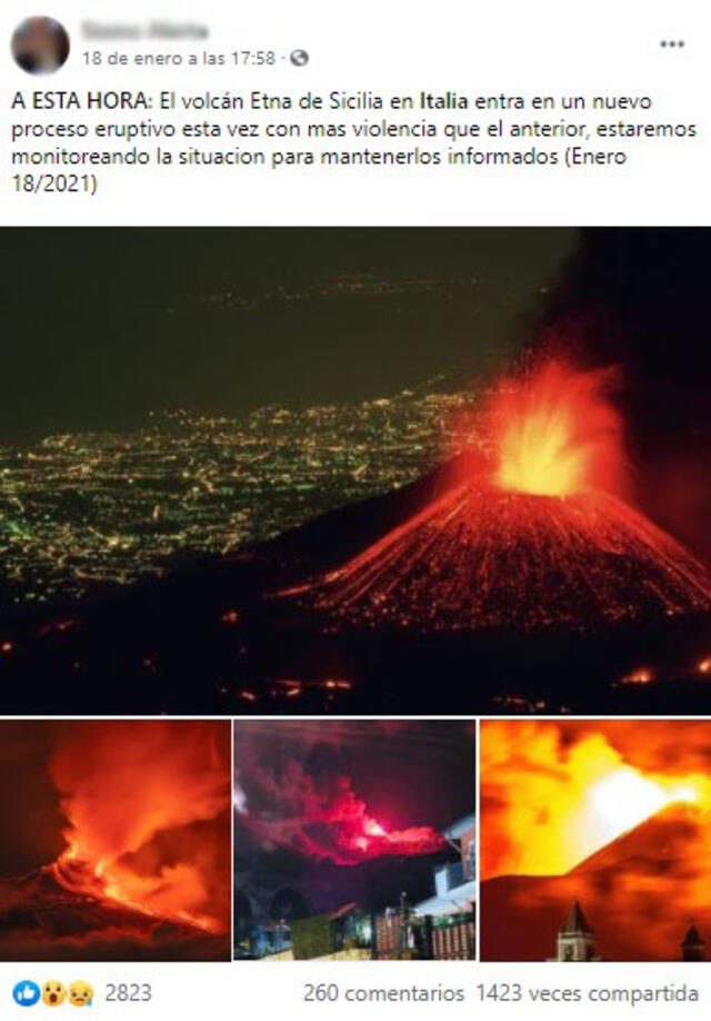 Post adjunta fotos supuestamente de la erupción del volcán Etna, ocurrida en enero de 2021. Foto: captura en Facebook.