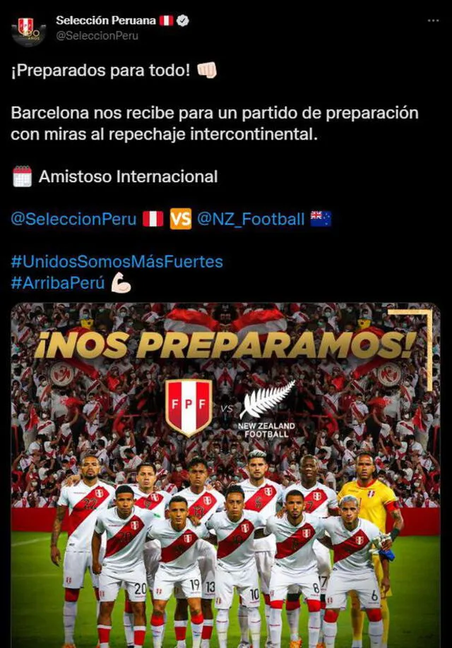 Selección peruana realiza publicación a minutos del Perú vs. Nueva Zelanda.