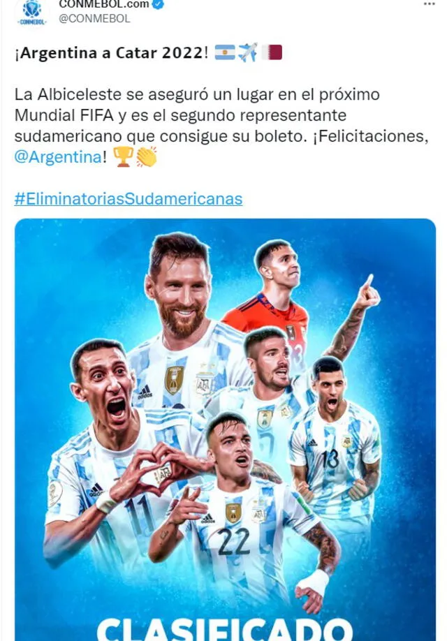 Conmebol resaltó la clasificación de Argentina a Qatar 2022. Foto: captura Twitter
