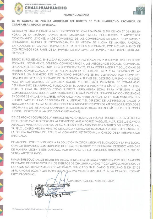Comunicado fue publicado la tarde de este jueves. Foto: alcalde Porfirio Gutierrez Paniura