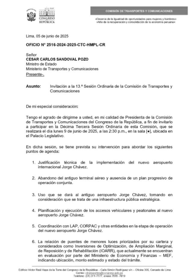 Oficio de citación enviado al ministro de Transportes. Foto: difusión   