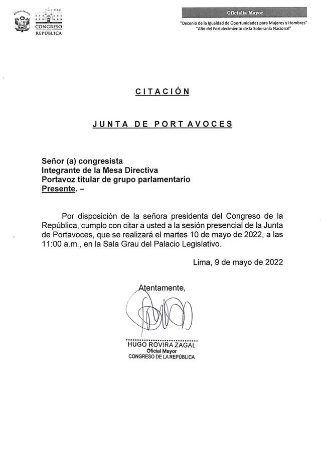 María del Carmen Alva convoca a la Junta de Portavoces para las 11.00 a. m. del martes 10 de mayo