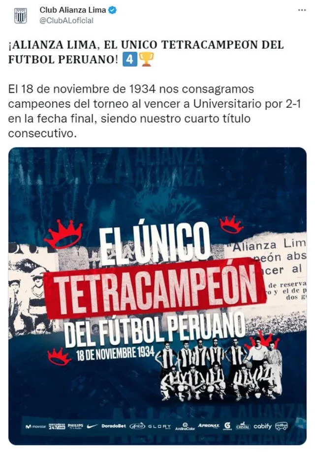 Publicación de Alianza Lima sobre el título de 1934. Foto: Twitter