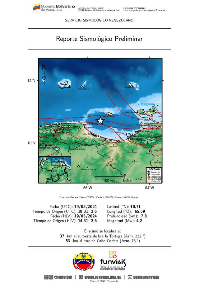 Reporte de Funvisis sobre el último sismo producido en Venezuela. Foto: Funvisis   