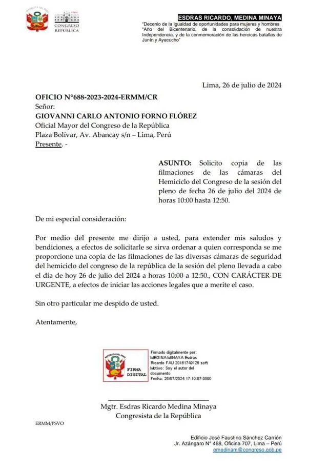 Oficio del parlamentario de Renovación Popular.   