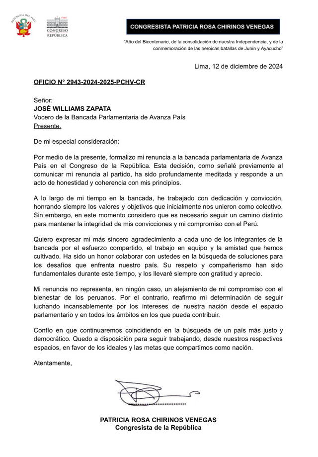  Carta de renuncia presentada por Patricia Chirinos | Fuente: X.   