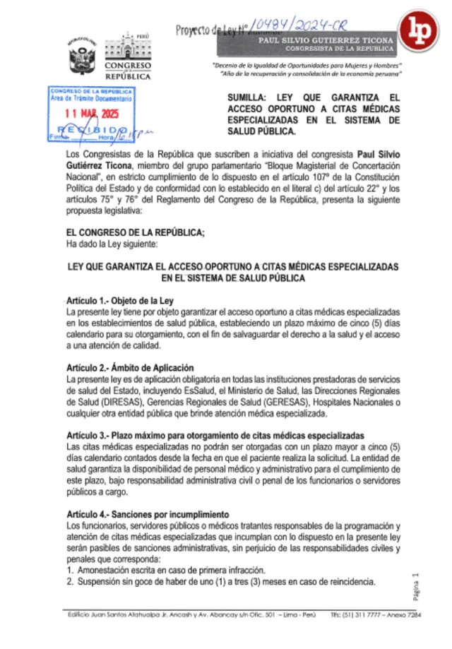  Proyecto de ley. Foto: LP Derecho.<br><br>    