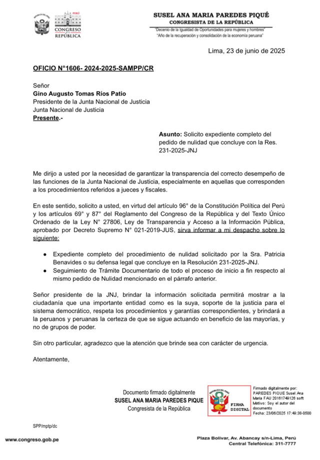 Solicitud de Susel Paredes al presidente de la JNJ| Foto: X-Susel Paredes. Solicitud de Susel Paredes al presidente de la JNJ| Foto: X-Susel Paredes.